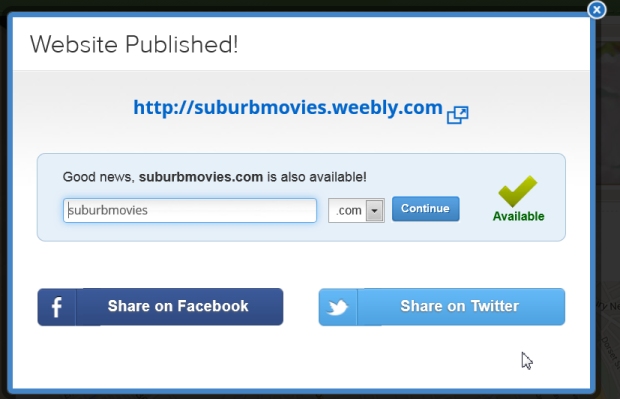 Screen shot of the  congratulations message from Weebly on publishing a web site.