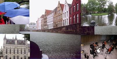 Collage of pictures of Brugge in the rain.