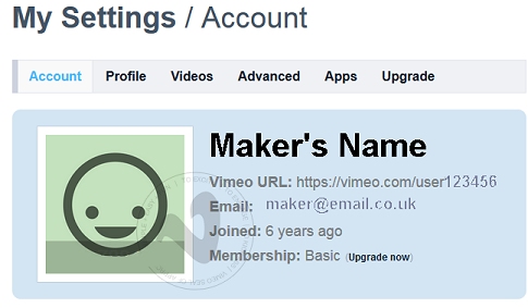 Vimeo - start of account settings.