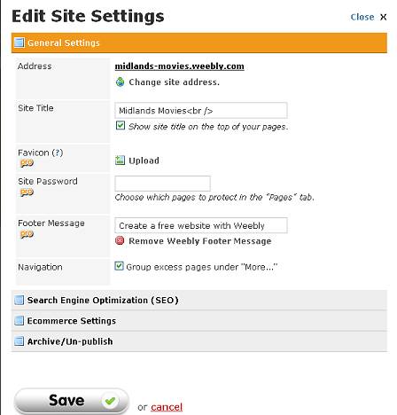 Screen grab of the Weebly site settings choices.