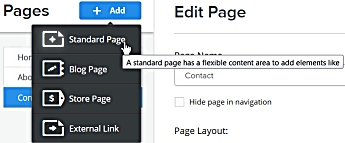 The weebly page-type options.
