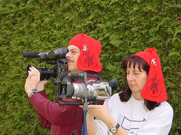 Bernhard and Karin in local hats shooting the film.