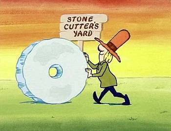 Still from 'Simple Sisyphus' showing him with the millstone.