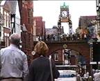 A wide shot of the Eastgate clock in Chester.
