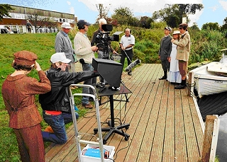 Crew and cast at the landing stage shooting 'Montague Jack'.