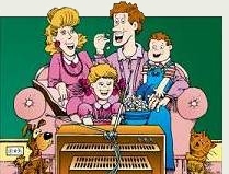 Cartoon image of a family watching television.